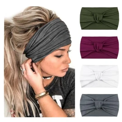 Abbildung von DRESHOW 4 Stück Damen Stirnband Elastische Weiche Stirnbänder Kopfband Haarband Kopf Wickeln Niedlich Haarschmuck für Alltag Yoga Sport Fitness