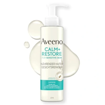 Abbildung von Aveeno CALM+RESTORE nährender Hafer Gesichtsreiniger (200 ml), parfümfreie &amp; sanfte Gesichtsreinigung für empfindliche Haut mit präbiotischem beruhigendem Mutterkraut