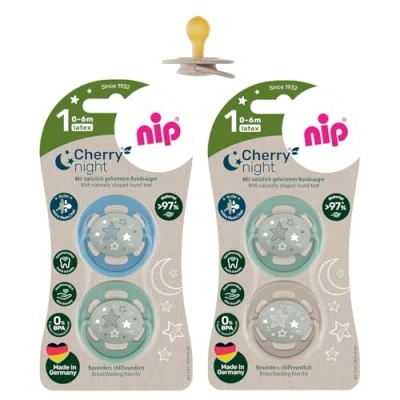 Abbildung von NIP Cherry Rundsauger Schnuller NIGHT 0 6 Monate, Leuchtschnuller, ab Geburt 0+ leuchtet im Dunkeln