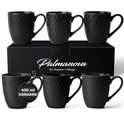 Abbildung von MIAMIO 6 x 400 ml Kaffeetassen Set/Becher Moderne Keramik Tasse Matt Kaffeetasse groß Palmanova Kollektion (Schwarz)