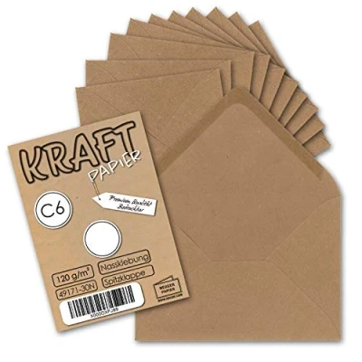 Abbildung von 100x Kraftpapier Umschläge DIN C6 Braun 11,4 x 16,2 cm ohne Fenster Vintage Briefumschläge mit Nassklebung Spitzklappe NEUSER PAPIER