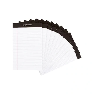 Abbildung von Amazon Basics Legal/breit liniert 50 A5 Blatt pro Pad, 21.6 cm x 30 (Packung mit 12 Stück), weiß