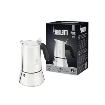 Abbildung von Bialetti Neue Venus, Espressomaschine aus Edelstahl, für alle Herdarten geeignet, 2 Tassen (85 ml), Aluminium, silber (nicht induktionsgeeignet)