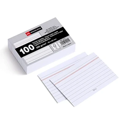 Abbildung von Miquelrius Karteikarten, 100 Notizkarten, horizontal liniert, Lernkarten, 200 g/m² Offset Kartenpapier, Größe 65 x 95 mm