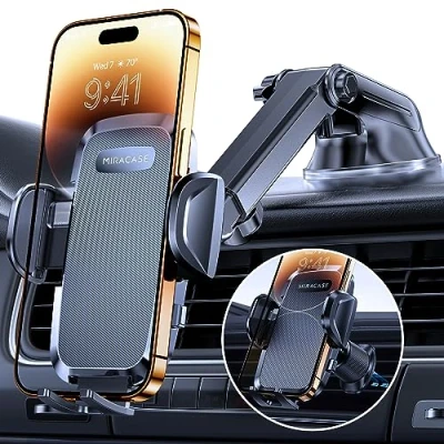 Abbildung von Miracase Handyhalterung Auto[Verbesserter Saugnapf&amp;Metall Doppelhaken] Handyhalter Auto Lüftung Armaturenbrett Windschutzscheibe, KFZ Handy Halterung für iPhone Samsung Galaxy Alle Smartphones
