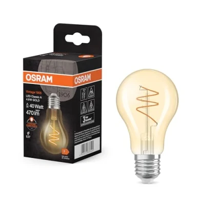 Abbildung von OSRAM Vintage 1906 Classic ist eine warmweiße LED Lampe mit spiralförmigem Filament in klassischer Kolbenform. Sie bietet 4.9 W für 470 lm, E27 Fassung, goldfarbenes Glas, 60 mm Durchmesser, 2200 K.