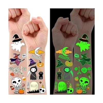 Abbildung von Leesgel Tattoo Kinder Halloween Deko, 10 Blatt Leucht Fake Tattoos Temporäre Stickers Kindertattoos Aufkleber für Dekoration, Mitgebsel Kindergeburtstag Party Zubehör