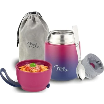 Abbildung von Milu® Thermobehälter für Essen 450ml, Edelstahl, Thermo Lunchbox, Suppenbehälter to go, Thermobox, Thermodose zum Warmhalten Suppen, Babybrei, Speisebehälter, breiwärmer unterwegs, Berry Blau 450ml