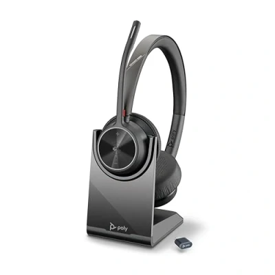 Abbildung von Schnurloses Poly Voyager 4320 UC Headset und Ladestation Stereo Kopfhörer mit Noise Cancelling Mikrofonarm, Verbindung PC/Mac/Mobiltelefon über Bluetooth, Kompatibel: Teams (zertifiziert), Zoom