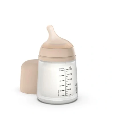 Abbildung von Suavinex, Zero Anti Kolik Babyflasche mit langsamem Nahrungsfluss (S) aus Silikon, +0 Monate, für Neugeborene, kompatibel dem Stillen, 180 ml, Light