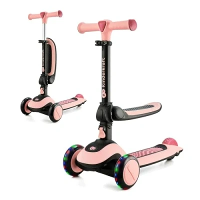 Abbildung von Kinderkraft Halley Scooter 2 in 1, Kinderroller ab 1 Jahr bis zu 50 kg, Tretroller, Dreirad Roller mit Klappbar Sitz, LED Räder, Höheverstellbare Lenker, Zusammenklappen, Modernes Design, Rosa