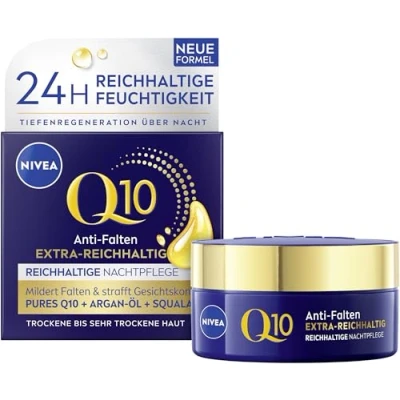 Abbildung von NIVEA Q10 Nachtcreme, straffende Gesichtspflege mit Q10, Bio Argan Öl und Squalan, Gesichtscreme für sehr trockene Haut, Anti Falten EXTRA REICHHALTIG Reichhaltige Nachtpflege (50 ml)