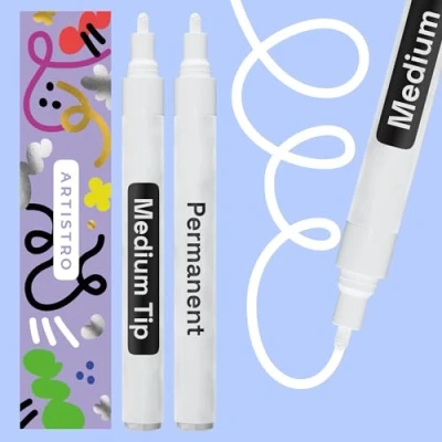 Abbildung von Artistro Permanent Marker Weiß 2 Stück Acrylstifte Wasserfest Filzstift mit 3 mm Spitze, Schnell Trocknender Glanzlackmarker für Textil, Stein, Keramik, Glas, Holz, Metall, Karton