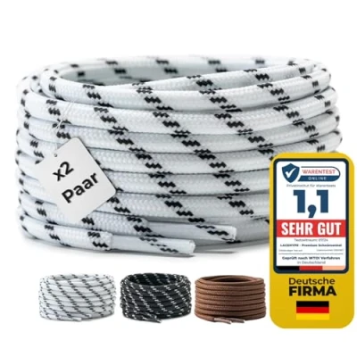 Abbildung von LaceHype 2 Paar Premium Runde Schnürsenkel [ Ø4,5 mm ] Polyester für Arbeitsschuhe, Stiefel, Outdoorschuhe und Sportschuhe reißfeste Schuhbänder (Weiß/Schwarz, 180cm)