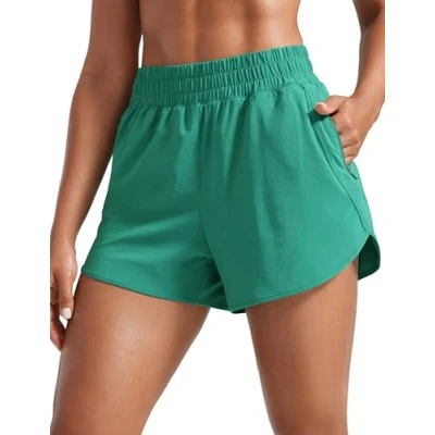 Abbildung von CRZ YOGA Damen Kurz Sporthose Laufhose High Waist Fitness Sport Shorts Kurze Hose mit Reißverschlusstasche Cascadia Grün 38