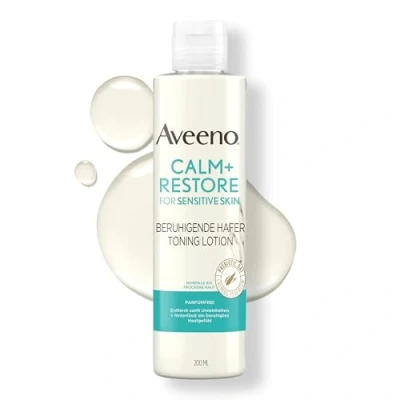 Abbildung von Aveeno CALM+RESTORE beruhigende Hafer Toning Lotion (200 ml), parfümfreier Toner &amp; erfrischender Make Up Entferner für empfindliche Haut mit präbiotischem beruhigendem Mutterkraut