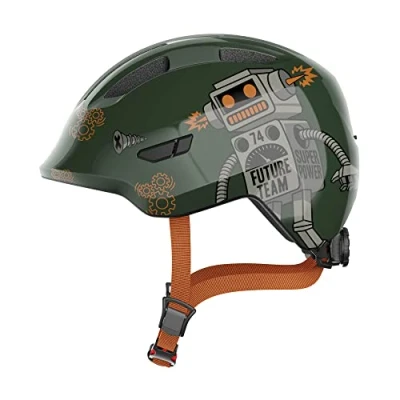 Abbildung von ABUS Kinderhelm Smiley 3.0 Fahrradhelm mit tiefer Passform, kindergerechten Designs &amp; Platz für einen Zopf Mädchen und Jungs Grün Roboter Muster, Größe S