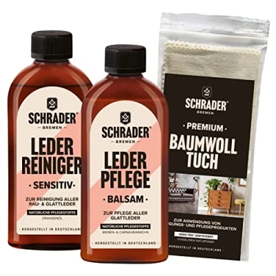 Abbildung von Schrader Lederpflege Set Reiniger, Balsam und Poliertuch farbneutral Ledermöbel &amp; Lederkleidung 3 teilig Made in Germany