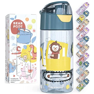 Abbildung von BEARFOOT Trinkflasche Kinder 450ml, leichte Tritan Wasserflasche, BPA frei, auslaufsicher, Kohlensäure geeignet, spülmaschinenfest für Jungen, Mädchen, Kindergarten (Blau BaggerAffe)