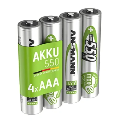 Abbildung von ANSMANN Akku AAA 550 mAh NiMH 1,2 V (4 Stück) Micro Batterien wiederaufladbare Zellen, maxE gewährleistet äußerst geringe Selbstentladung für jahrelangen Einsatz