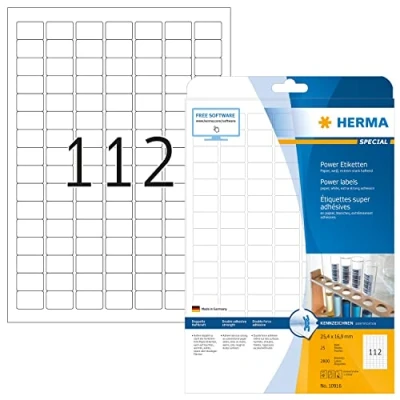Abbildung von HERMA 10916 Power Etiketten, 25 Blatt, 25,4 x 16,9 mm, 112 pro A4 Bogen, 2800 Stück, selbstklebend, bedruckbar, extrem stark haftend, blanko Papier Klebeetiketten Aufkleber, weiß