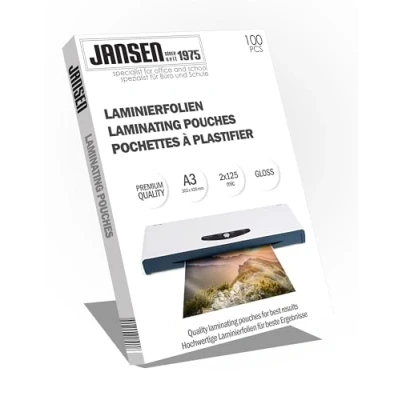 Abbildung von Jansen Laminierfolien, 100 Stück, A3, 2 x 125 Mic (250 Mikron), hochglanz, Die Verpackung kann variieren