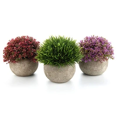 Abbildung von T4U Kunstpflanze Künstliche Blumen Gras Bonsai mit Topf Grün Rot Lila 3er Set klein, Zuhause Wohnung Büro Dekor Hochzeit Geburtstag Weihnachten Geschenk