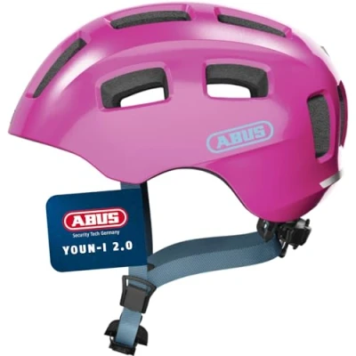 Abbildung von ABUS Fahrradhelm Youn I 2.0 mit Licht für Kinder, Jugendliche und junge Erwachsene Mädels Jungs Pink (funkelnd), Größe S