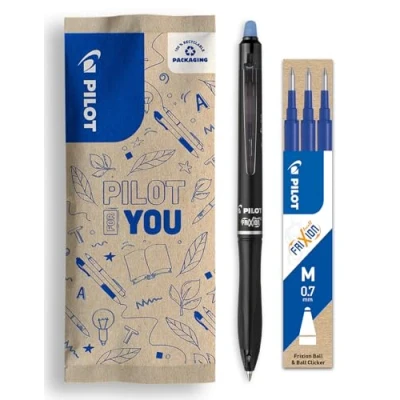Abbildung von PILOT FriXion Ball 07 Plus Set 1 Stift + mit 3 Minen Radierbarer Gel Tintenroller Druckmechanik Nachfüllbar und aus recyceltem Kunststoff Blau Mittlere Spitze