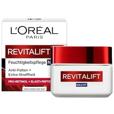 Abbildung von L&#039;Oréal Paris Feuchtigkeitspflege Nacht für Frauen: sorgt ein strafferes Hautbild &amp; mildert Falten stärkt die Hautschutzbarriere über mit Pro Elastin Aprikosenkernöl, Revitalift, 1x 50ml