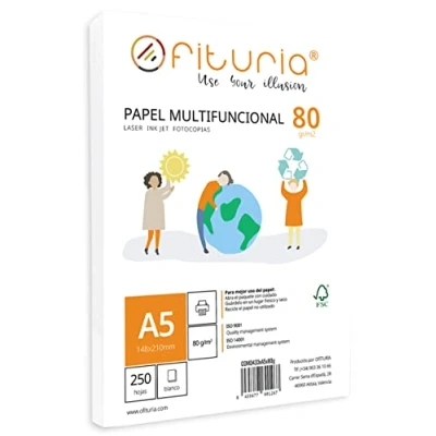 Abbildung von Packung mit 80 g A5 Blättern, 250 Blatt, weißes Multifunktionspapier für Schule und Laborals, ideal Laserdrucker, Tintenstrahldrucker oder Kopierer Ofituria