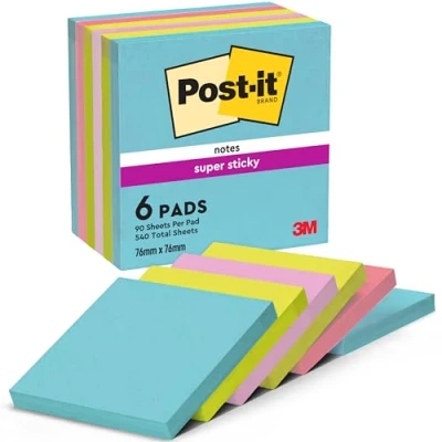 Abbildung von Post it Super Sticky Notes Cosmic Collection, Packung mit 6 Blöcken, 90 Blatt pro Block, 76 mm x mm, Türkis, Grün, Pink Extra stark klebende Notizzettel für Notizen, To Do Listen und Erinnerungen