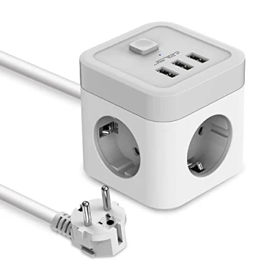 Abbildung von JSVER Steckdosenleiste Würfel USB,Mehrfachsteckdose 3 Fach(3680A 16A) Powercube mit USB Ladegerät (15,5W) Schreibtisch Schalter für Büro, zu Hause oder auf Reisen 1,5m Kabel