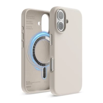 Abbildung von elago Magnetisch Silikon Hülle Kompatibel mit iPhone 16 6,1 Zoll, Allen MagSafe Zubehör Eingebaute Magnete, Soft Grip Silikon, Stoßfest (Taupe)