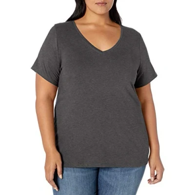 Abbildung von Amazon Essentials Damen T Shirt mit V Ausschnitt und kurzen Ärmeln in Übergröße, Dunkelgrau Meliert, 3XL Große Größen
