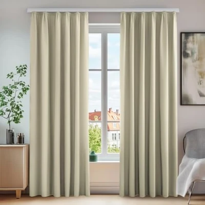 Abbildung von Deconovo Blickdichte Vorhänge Gardinen Verdunkelungsvorhang Kräuselband Winter Wärmehaltung, 220x140 cm(HöhexBreite), Beige, 2er Set