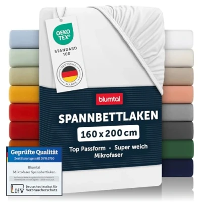 Abbildung von Blumtal® Spannbettlaken 160x200cm aus Microfaser Oekotex zertifiziertes Bettlaken 160x200 cm Spannbetttuch / Spannleintuch Laken Weiß