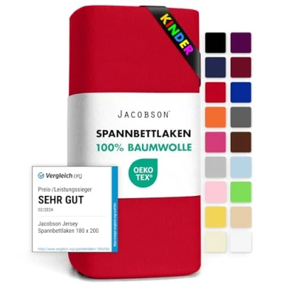 Abbildung von Jacobson Jersey Spannbettlaken Spannbetttuch Baumwolle Bettlaken (60x120 70x140 cm, Rot)