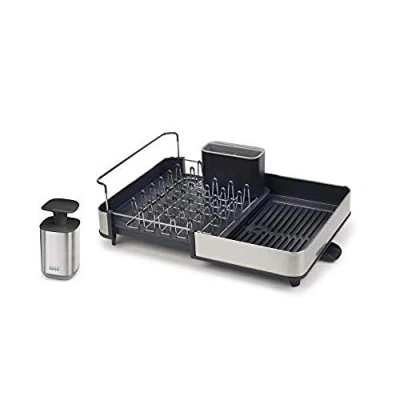 Abbildung von Joseph 2 teiliges Spülbecken Organisationsset, Geschirrabtropfgestell, ausziehbares Abtropfgestell mit Abtropfstutzen und Schneidebrettschiene, inkl. hygienischem Seifenspender, Edelstahl