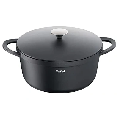 Abbildung von TEFAL TRATTORIA E21853 Schmortopf Aluguss Gussdeckel Antihaft Beschichtung gute Wärmespeicherung für Schmorgerichte Silikon Griffschutz inkl. Bratentopf induktionsgeeignetSchwarz, 28cm