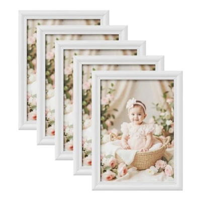 Abbildung von WOLTU Bilderrahmen 21,9x30 cm A4 Set of 5 Fotorahmen Holzrahmen mit Passepartout, zum vertikalen oder horizontalen Aufhängen/Aufstellen, Posterrahmen Collage Wanddeko, Weiß