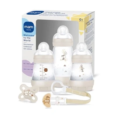 Abbildung von MAM Easy Start Anti Colic Welcome Set, Baby Erstausstattung mit 3 Flaschen, Schnuller und Schnullerband, Geschenk ab der Geburt, beige