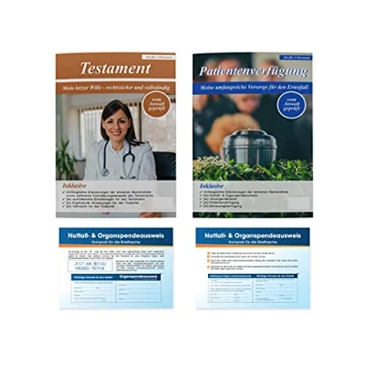 Abbildung von 2 x Vorsorgeunterlagen Patientenverfügung, Vorsorgevollmacht, Betreuungsverfügung, Testament Mapppe für Gesundheitsdokumente Auflage 2024