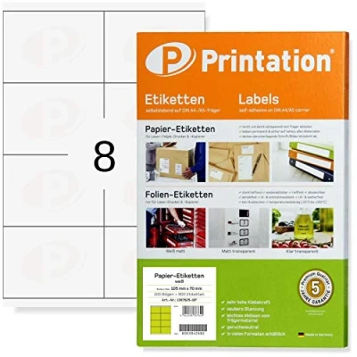Abbildung von Printation Universal Etiketten 105 x 70 mm 200 Versandetiketten selbstklebend 105x70 / Aufkleber weiß bedruckbar 25 A4 Bogen à 2x4 8 pro Blatt Papier Klebeetiketten 3426 4426 LA162