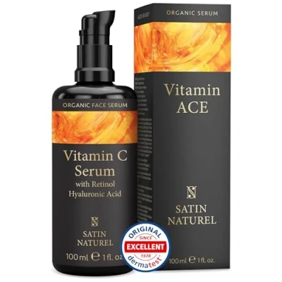 Abbildung von Vitamin C Serum hochdosiert 100ml mit Retinol + Hyaluron Für Glow, gegen dunkle Flecken, Anti Falten Allrounder Gesicht jede Haut geeignet 100% Vegan Skincare Satin Naturel