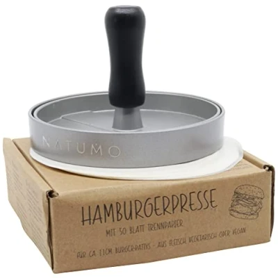 Abbildung von NATUMO Burgerpresse Set aus Hamburgerpresse und Burger Papier (50x Trennpapier), Maker Aluguss (Ø 11cm, 200g), Profi Pattie Presse mit Antihaftbeschichtung (Silber)