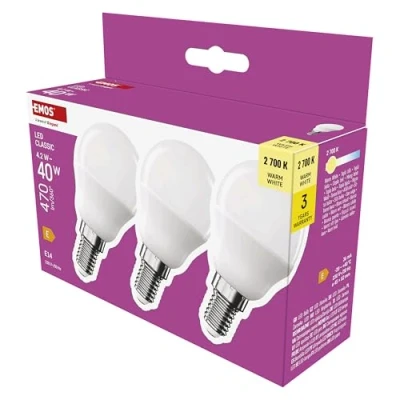Abbildung von EMOS LED Lampe Mini Globe 3er Pack, 4,2W Ersatz für 40W Glühbirne, kleine Birne mit E14 Sockel, Helligkeit 470 lm, Warmweiß 2700 K, 30000 h Lebensdauer, CRI min. 80, 150 Abstrahlwinkel