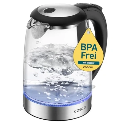 Abbildung von COSORI Wasserkocher Glas 1,7 Liter, Blaue LED, BPA frei, 2200 Watt, 5 Minuten Kochzeit, Überhitzungsschutz, 360 Drehbar, Kettle aus Borosilikatglas mit Edelstahlboden und Filter