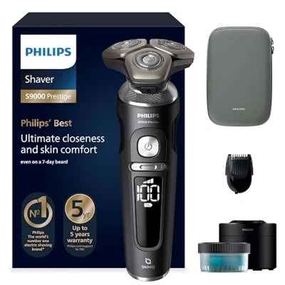 Abbildung von Philips Rasierer S9000 Prestige Elektrischer Nass und Trockenrasierer, Schwarz matt, Lift &amp; Cut Rasiersystem, SkinIQ Technologie, Bartstyler, Reinigungsstation Premium Etui (Modell SP9840/31)