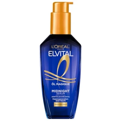 Abbildung von L&#039;Oréal Paris Pflegendes Serum für weiches und glänzendes Haar, Wirkt langanhaltend gegen Frizz, Hinterlässt keine Rückstände, Mit Kamelienblütenöl, Elvital Öl Magique Midnight Serum, 1 x 100 ml